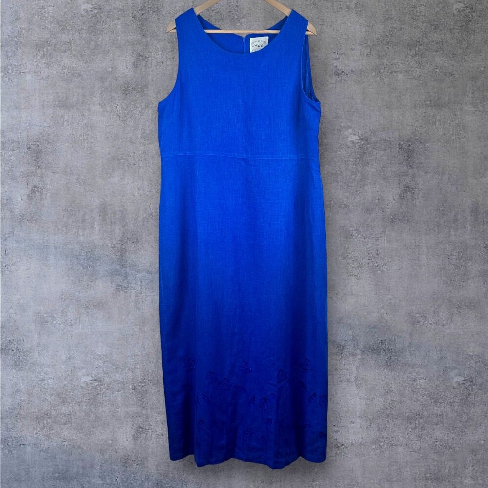 VTG COUNTRY WEAR CASUALS Blue Linen Sleeveless Maxi Embroider‎ Dress Womens Sz L